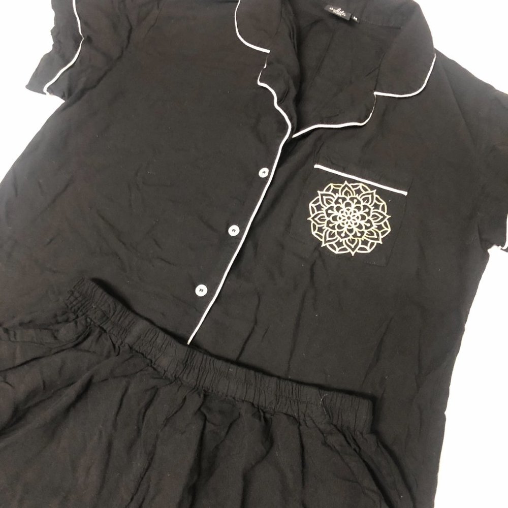 PJ short set, black w/ white trim, gold design on front pocket, womens size Med